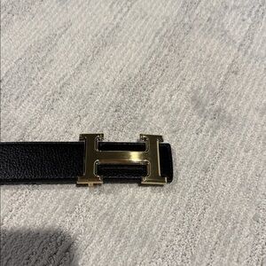 Black Leather Belt with Gold Buckle faux Hermes